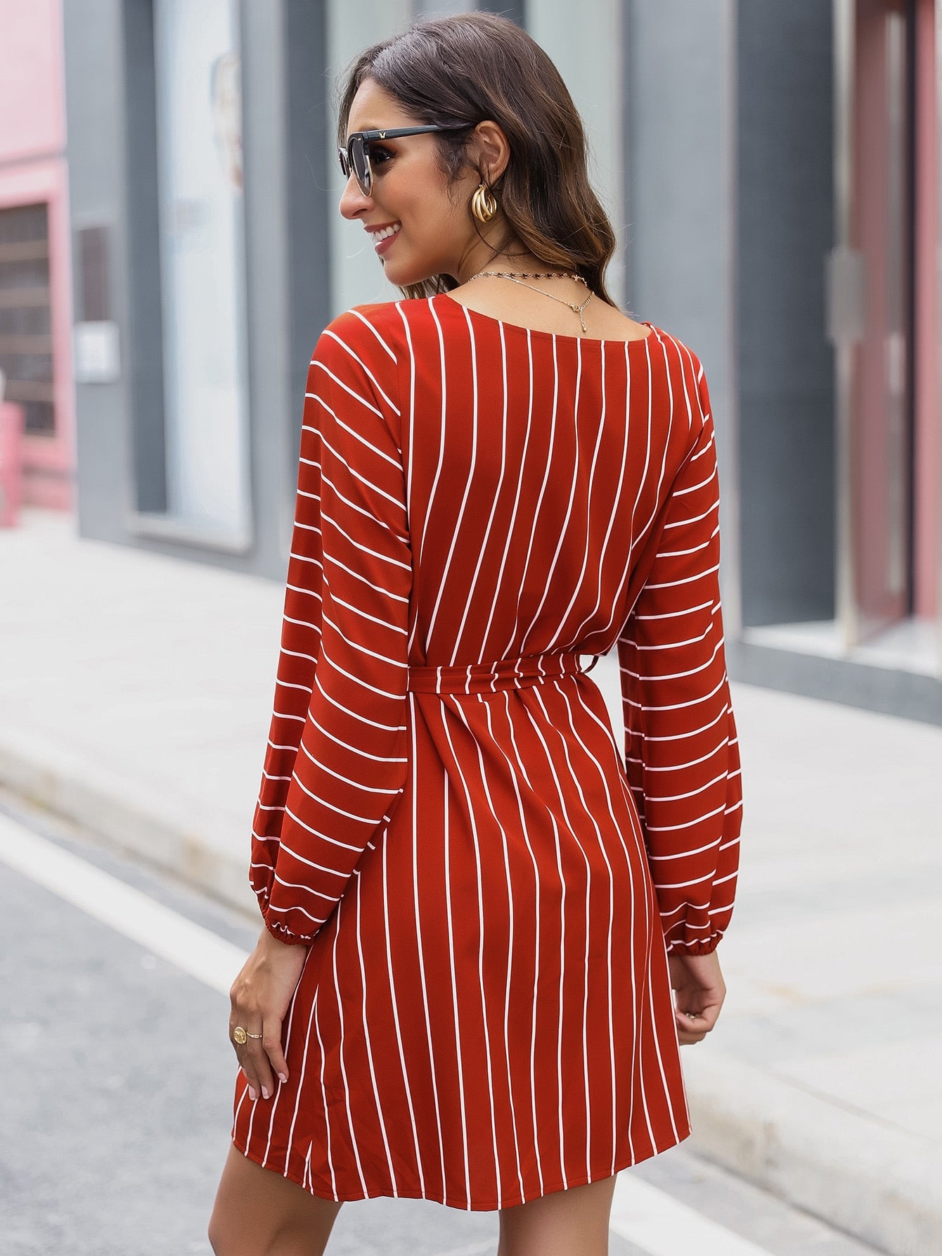 Self Belted Pinstripe Shift Dress