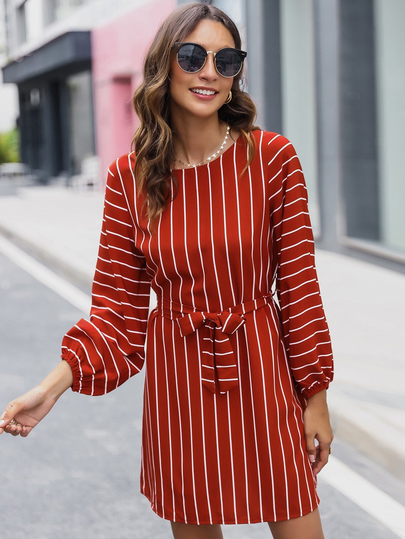 Self Belted Pinstripe Shift Dress
