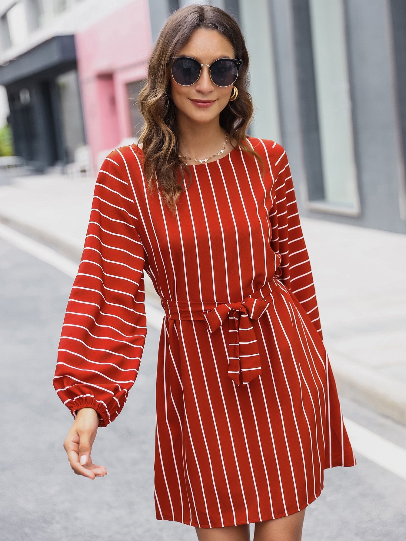 Self Belted Pinstripe Shift Dress