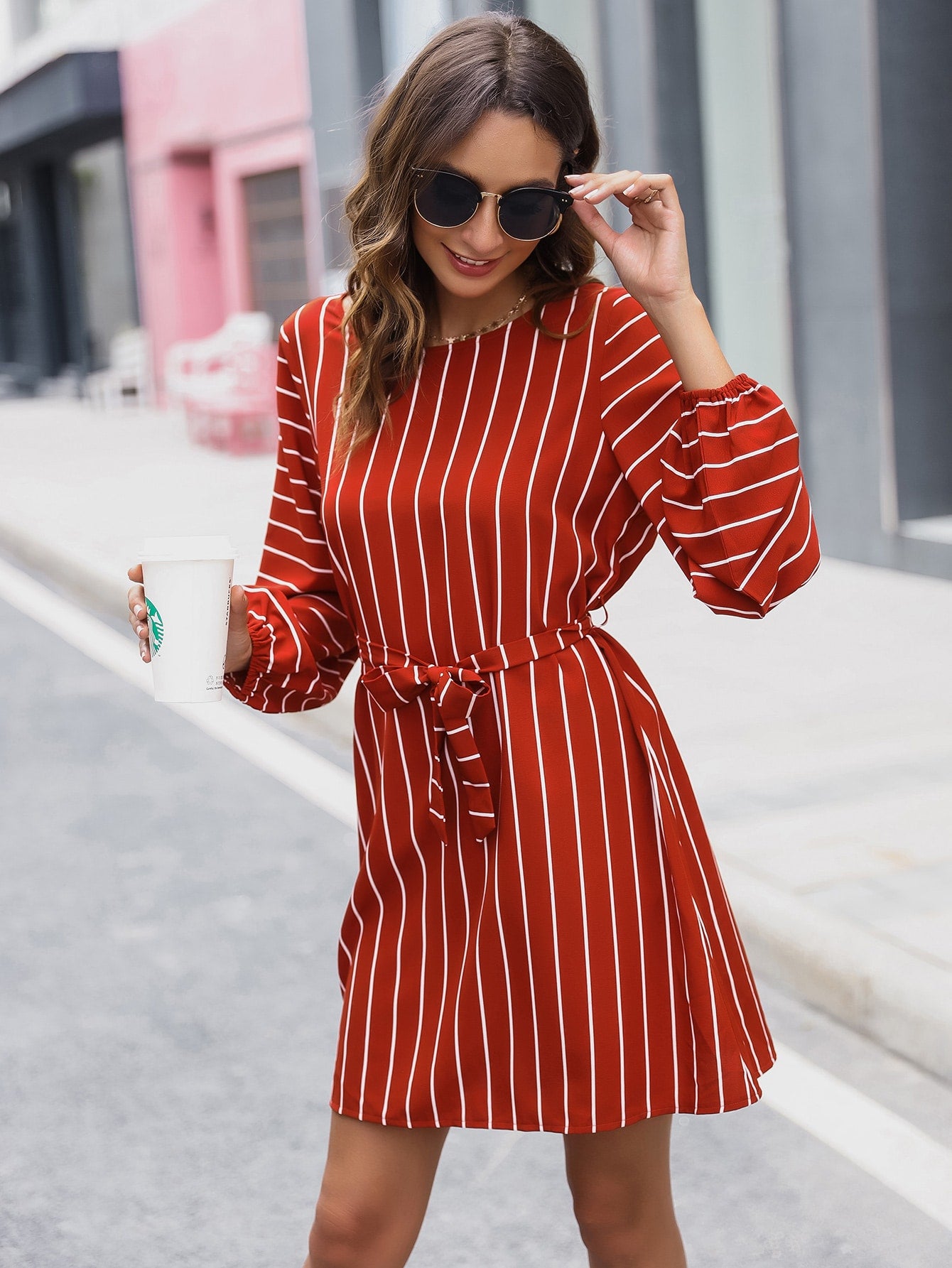 Self Belted Pinstripe Shift Dress