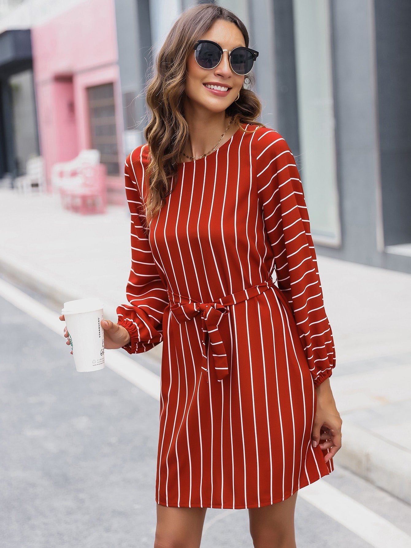 Self Belted Pinstripe Shift Dress