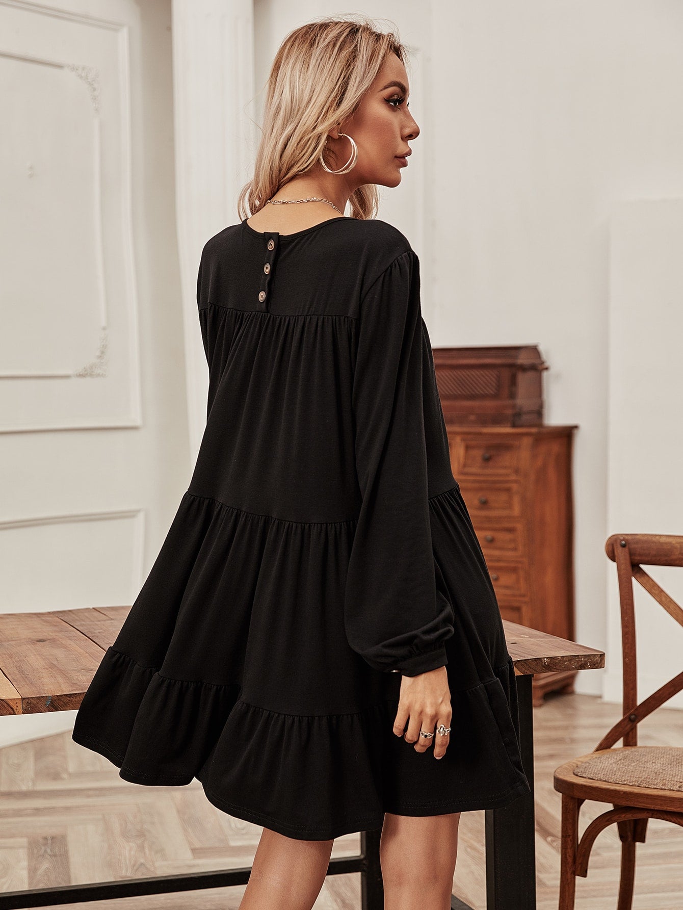 Bishop Sleeve Ruffle Hem Babydoll Dress