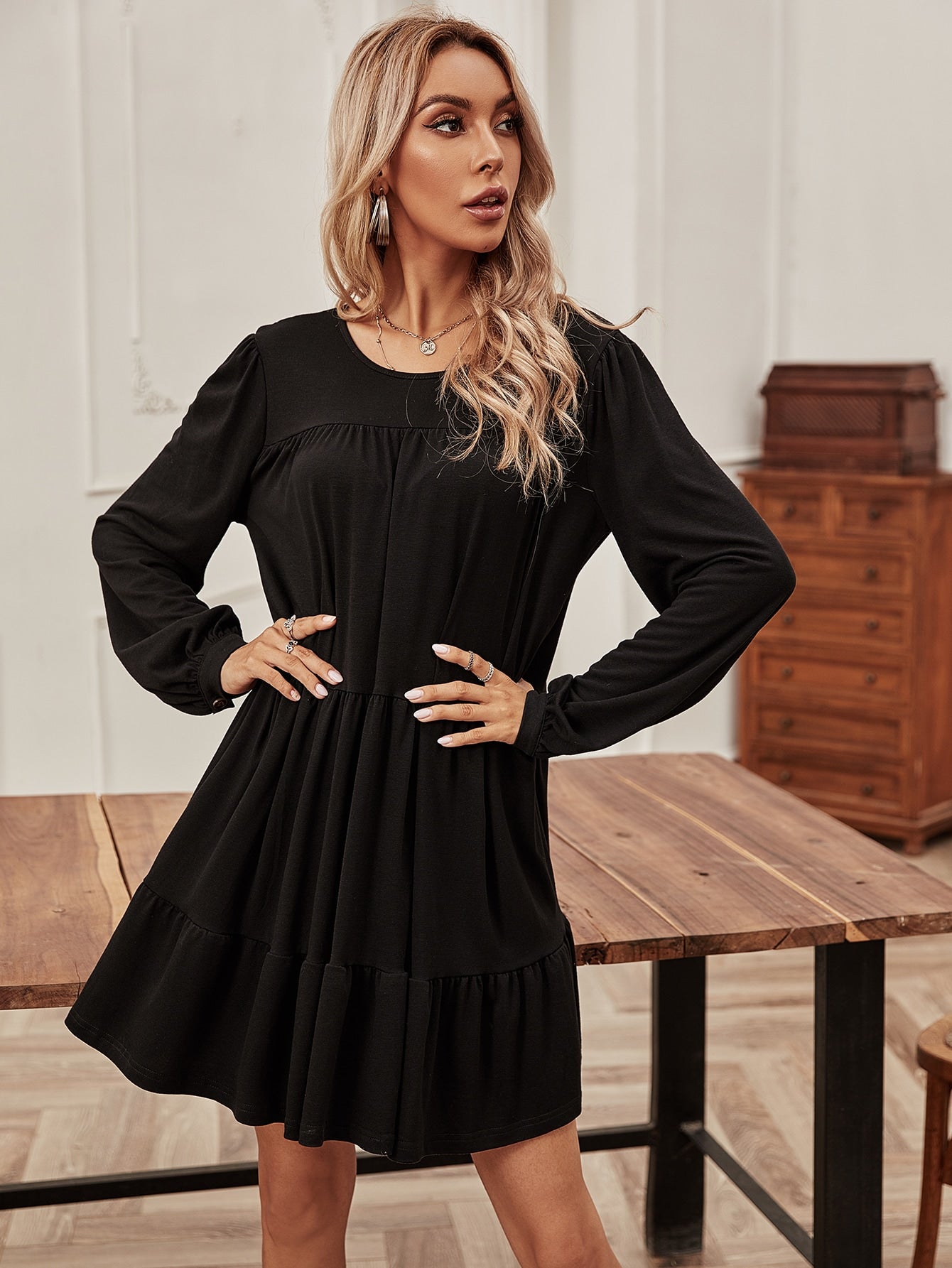 Bishop Sleeve Ruffle Hem Babydoll Dress