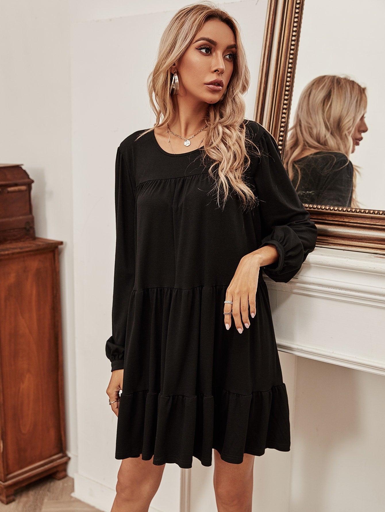 Bishop Sleeve Ruffle Hem Babydoll Dress