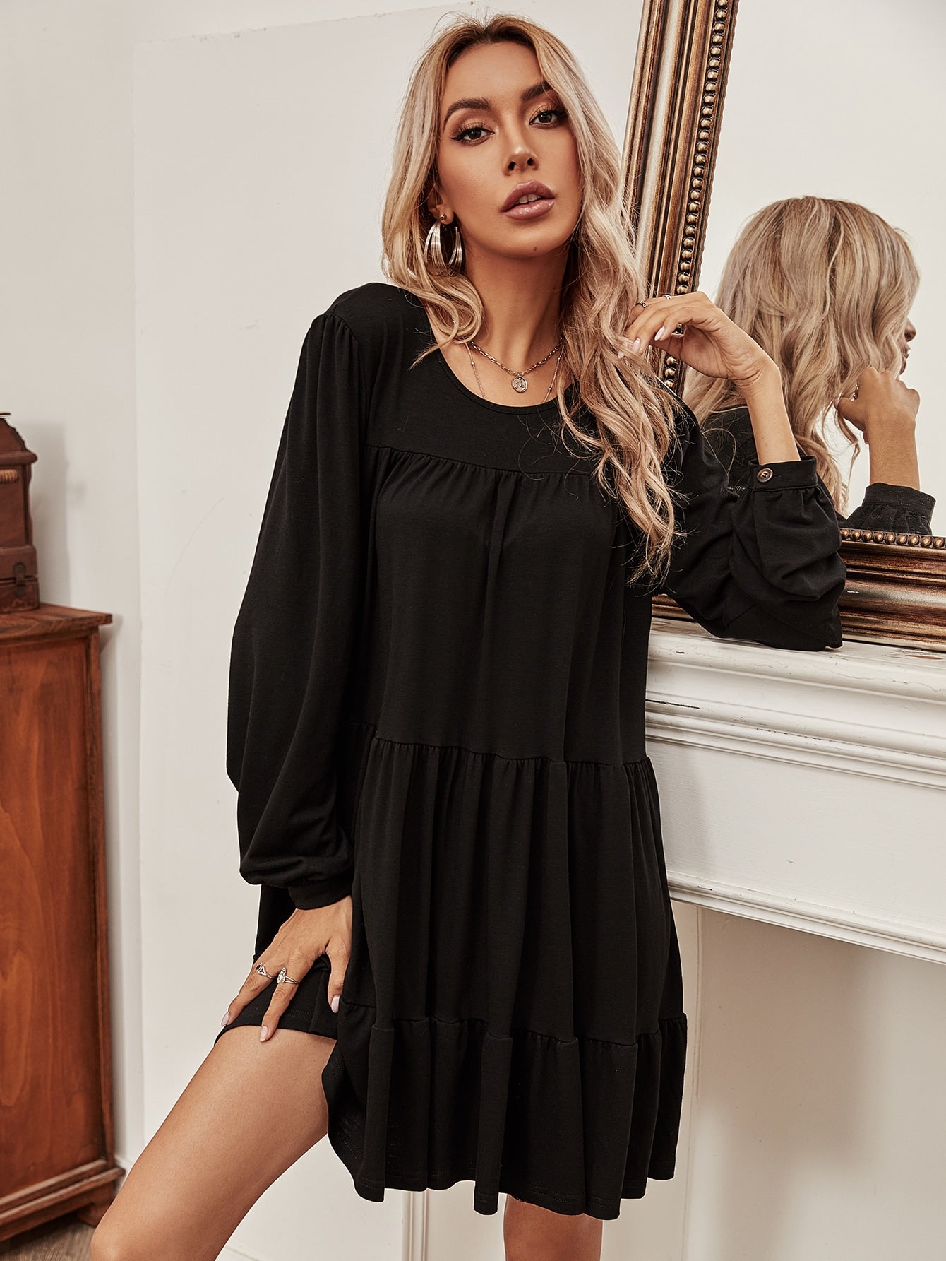 Bishop Sleeve Ruffle Hem Babydoll Dress
