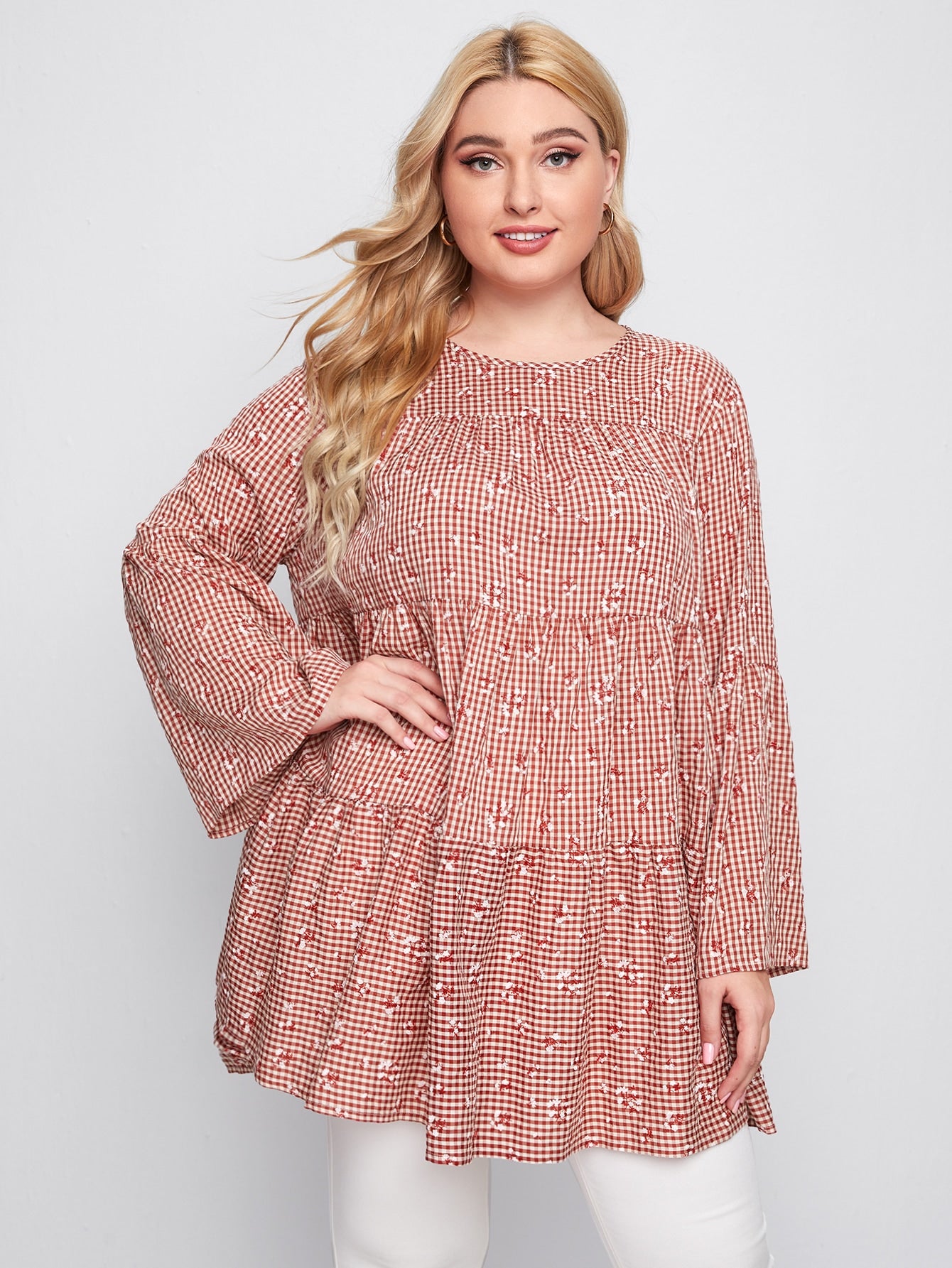 Plus Ditsy Floral & Gingham Smock Top