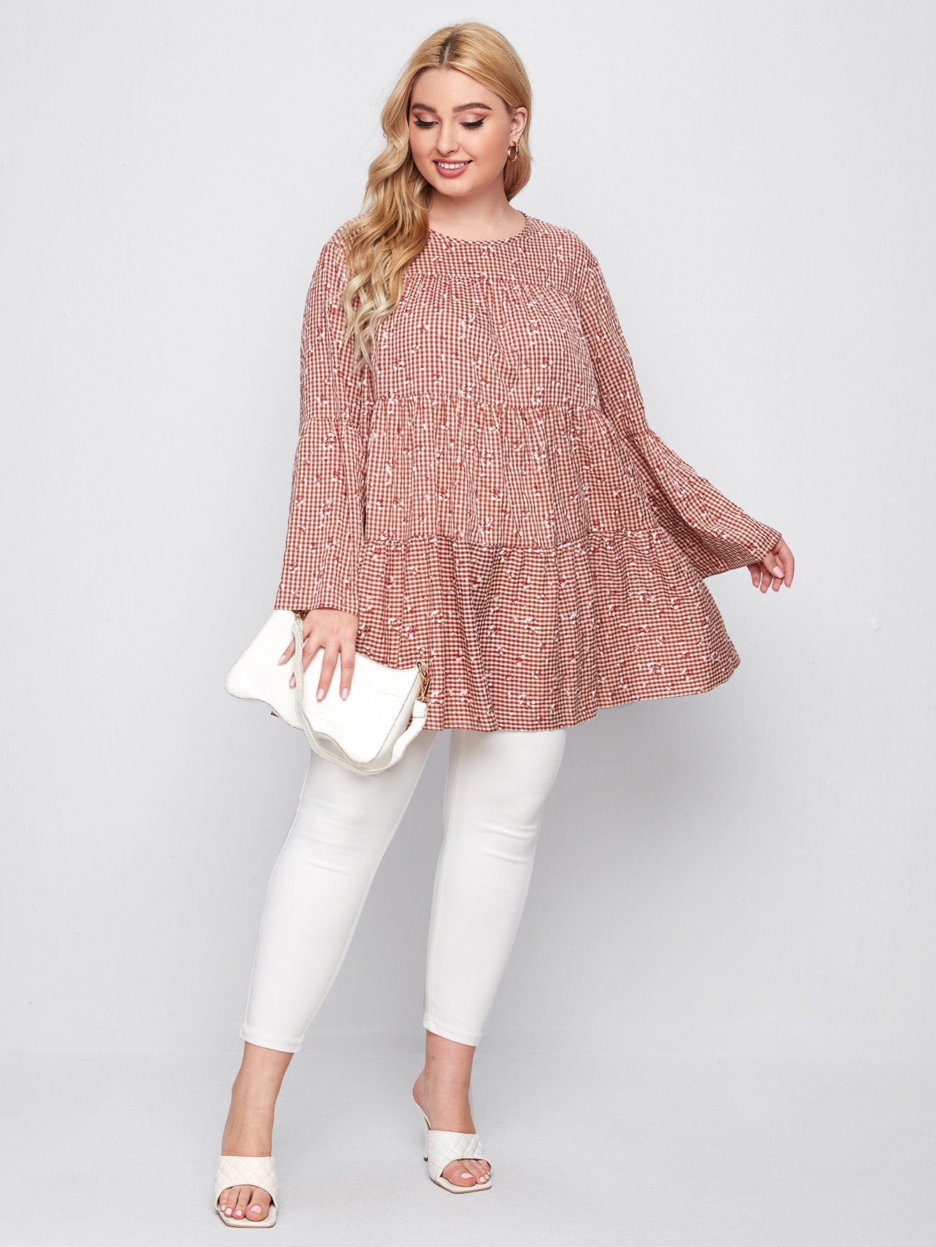 Plus Ditsy Floral & Gingham Smock Top