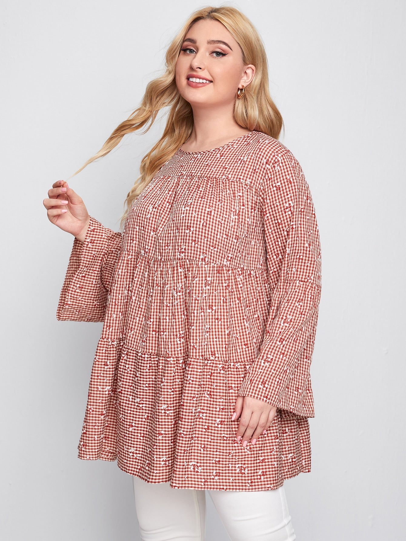 Plus Ditsy Floral & Gingham Smock Top