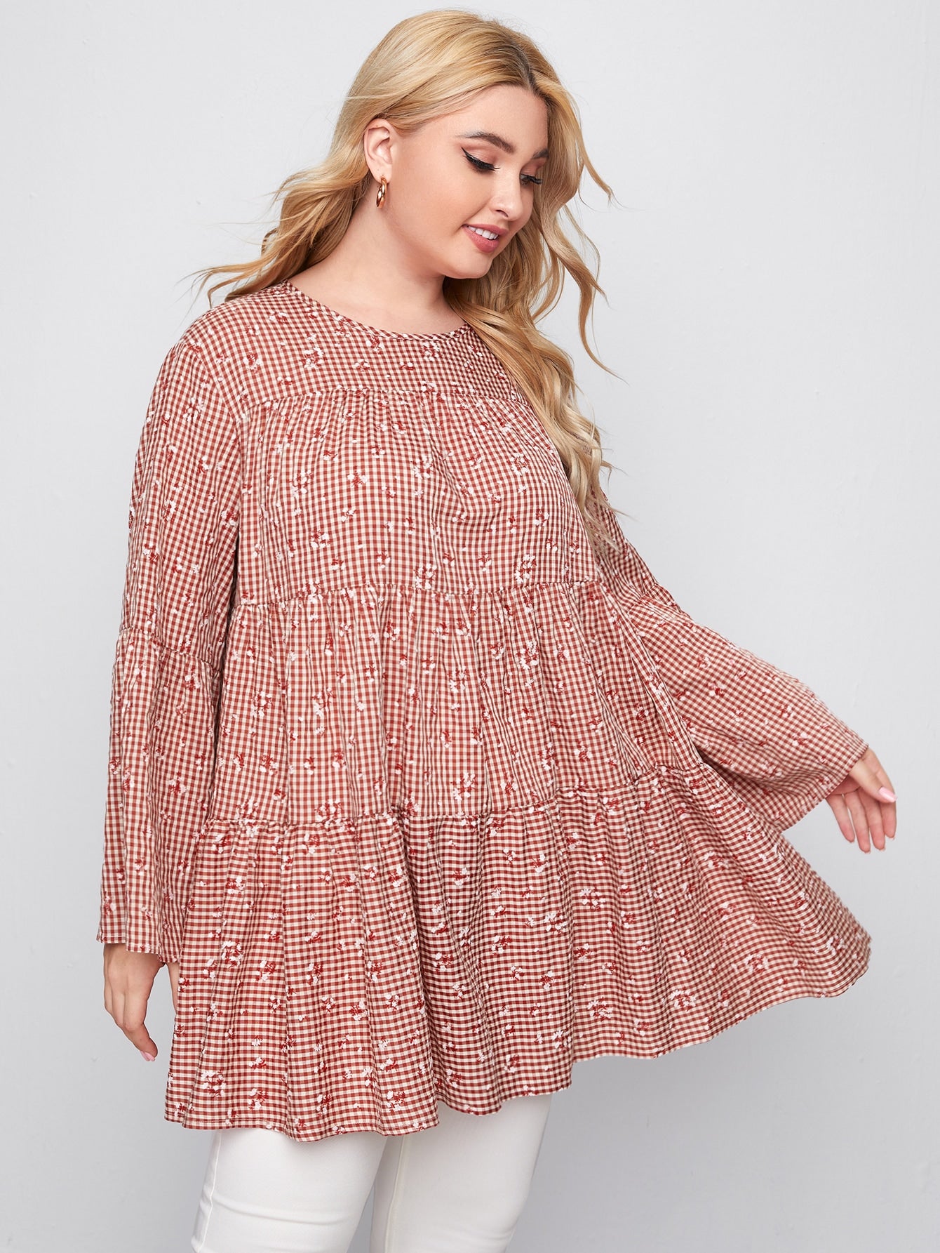 Plus Ditsy Floral & Gingham Smock Top