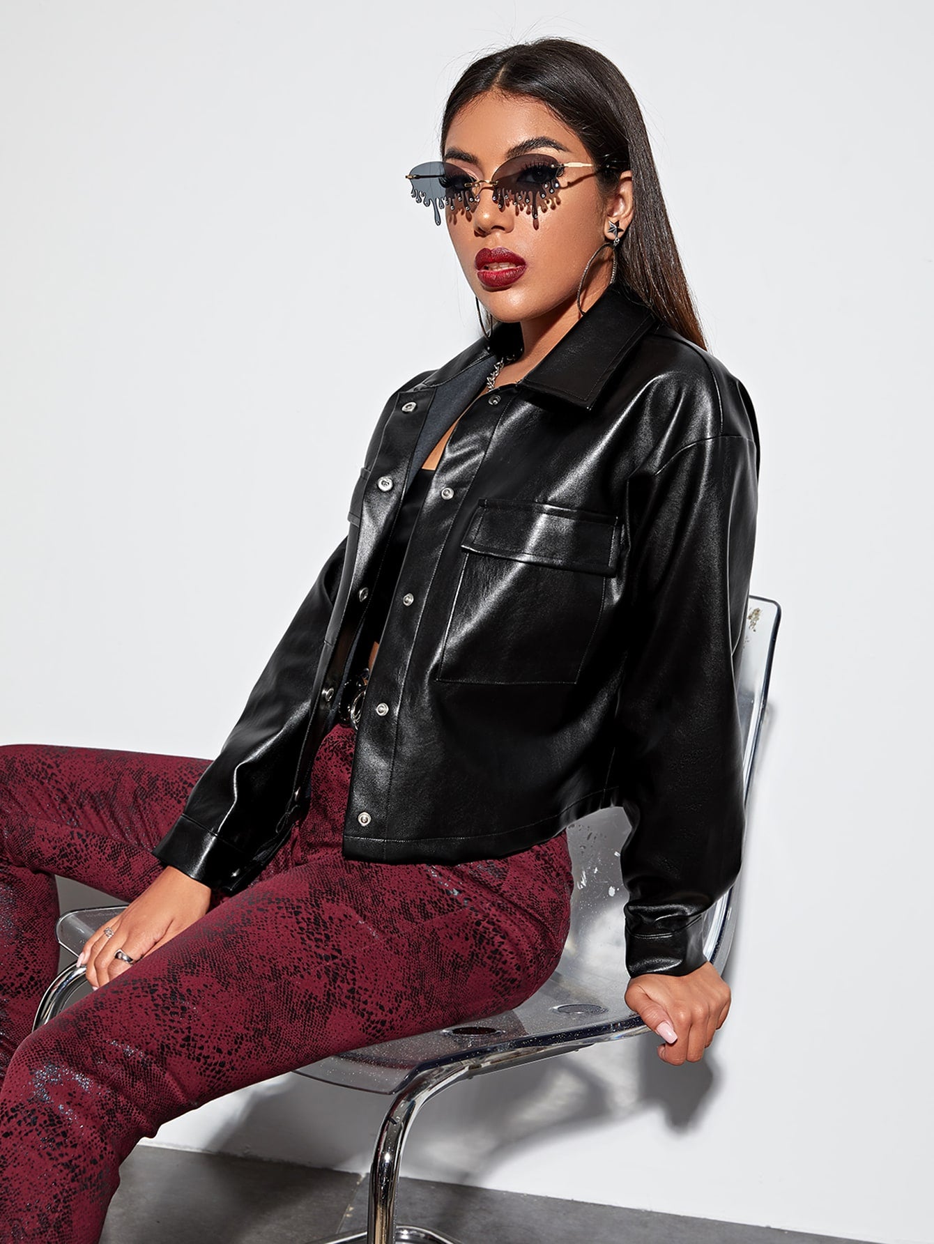 Single Breasted Pocket Front PU Jacket