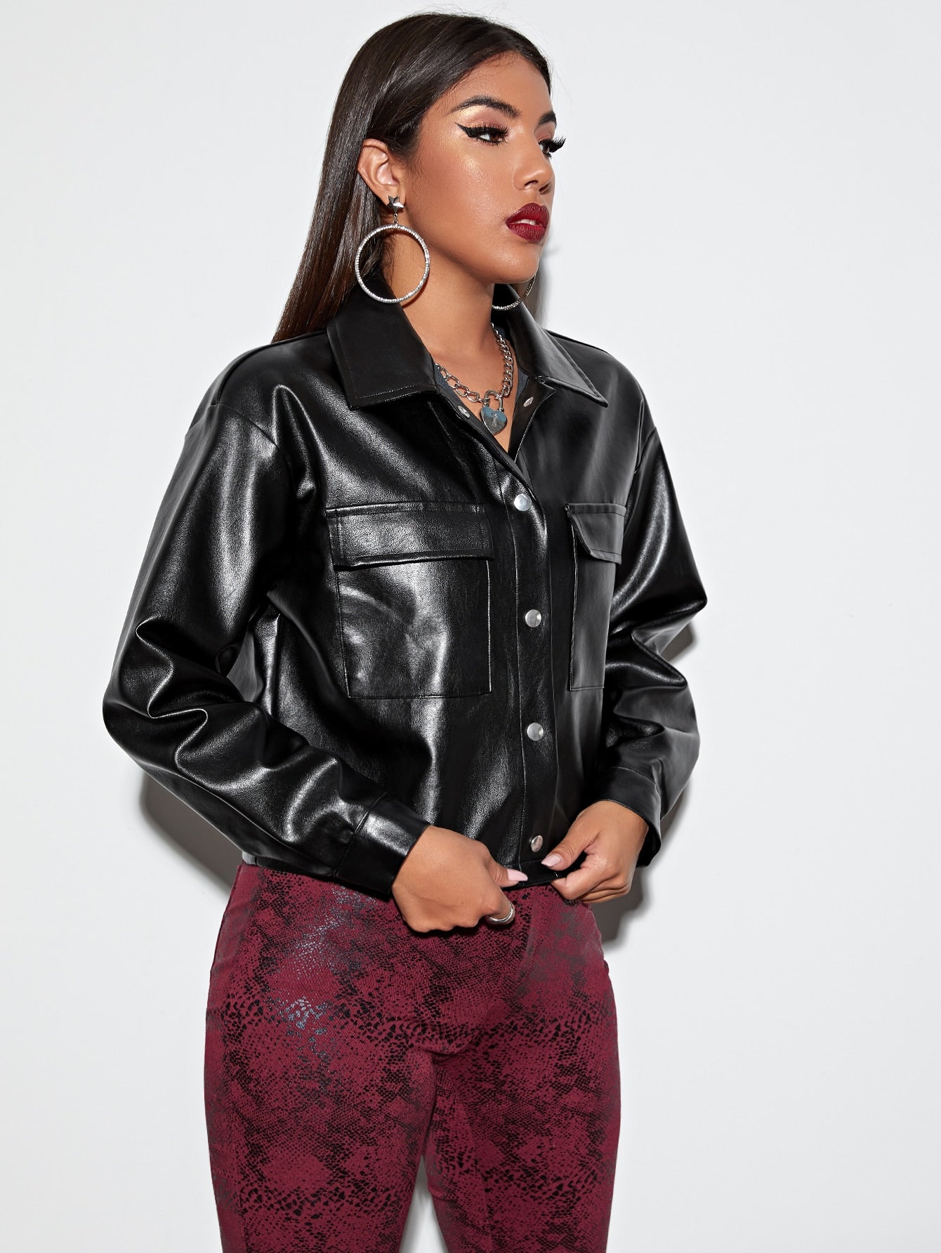 Single Breasted Pocket Front PU Jacket