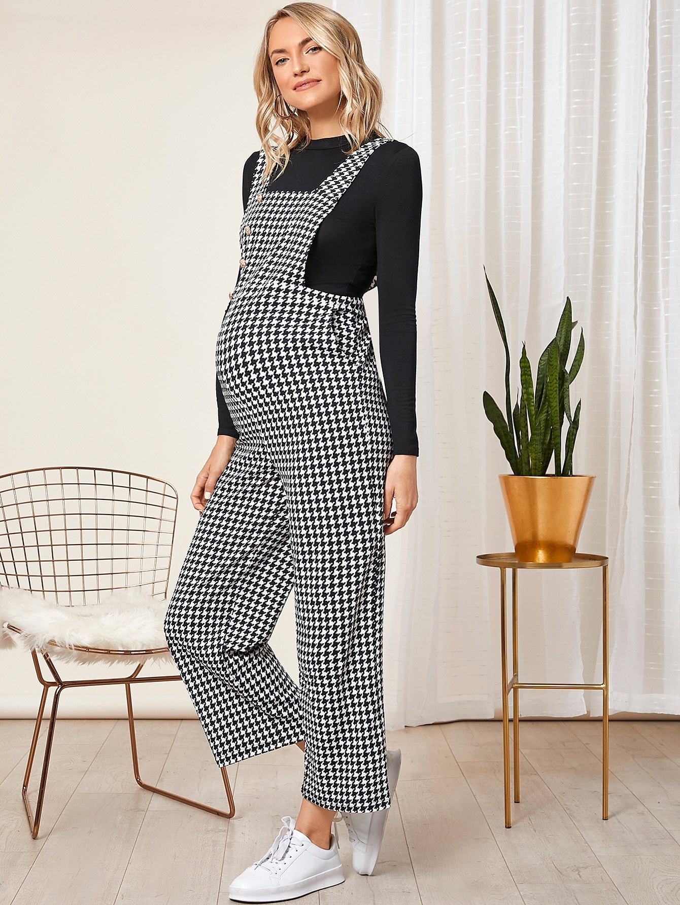 Maternity Button Front Houndstooth Overalls
