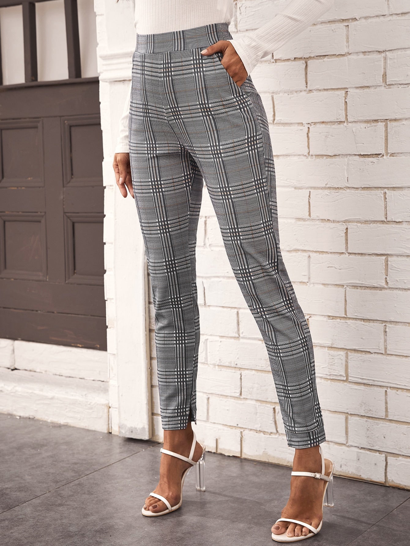 High Waist Split Hem Plaid Pants