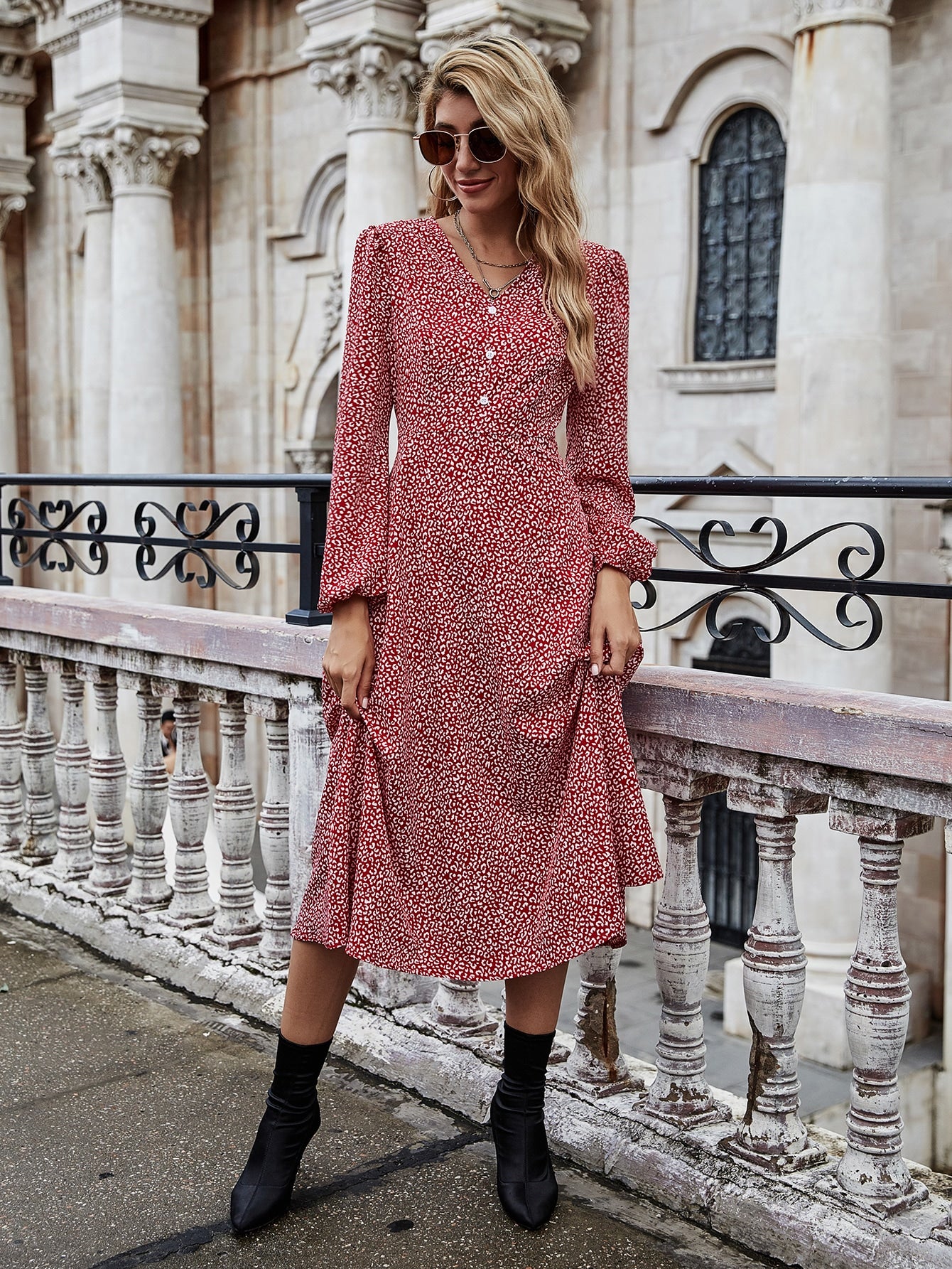 Bishop Sleeve Allover Print A-line Dress