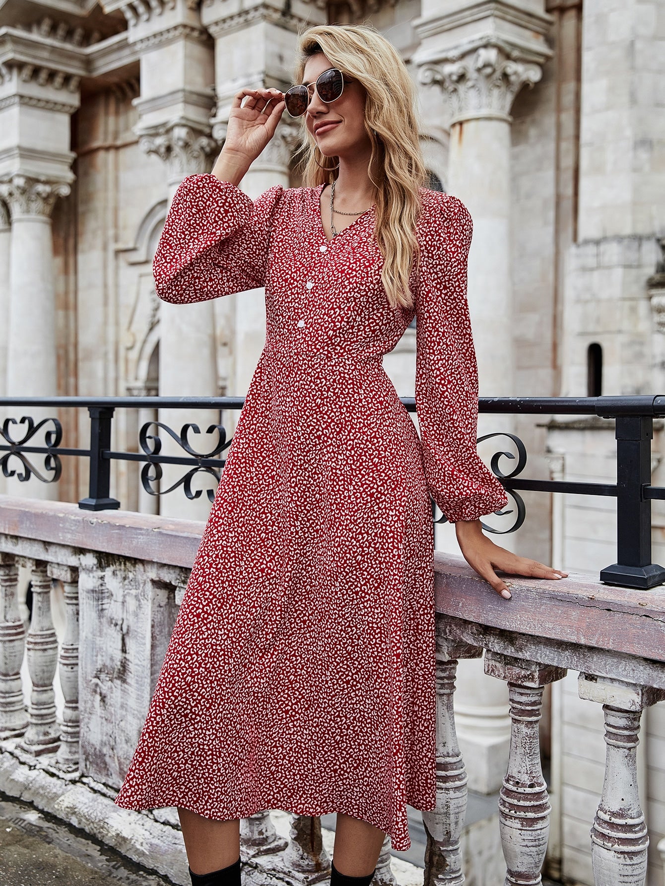 Bishop Sleeve Allover Print A-line Dress