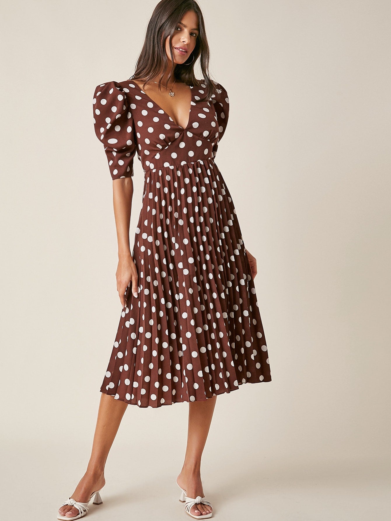 Polka Dot Tied Backless Pleated Hem Dress