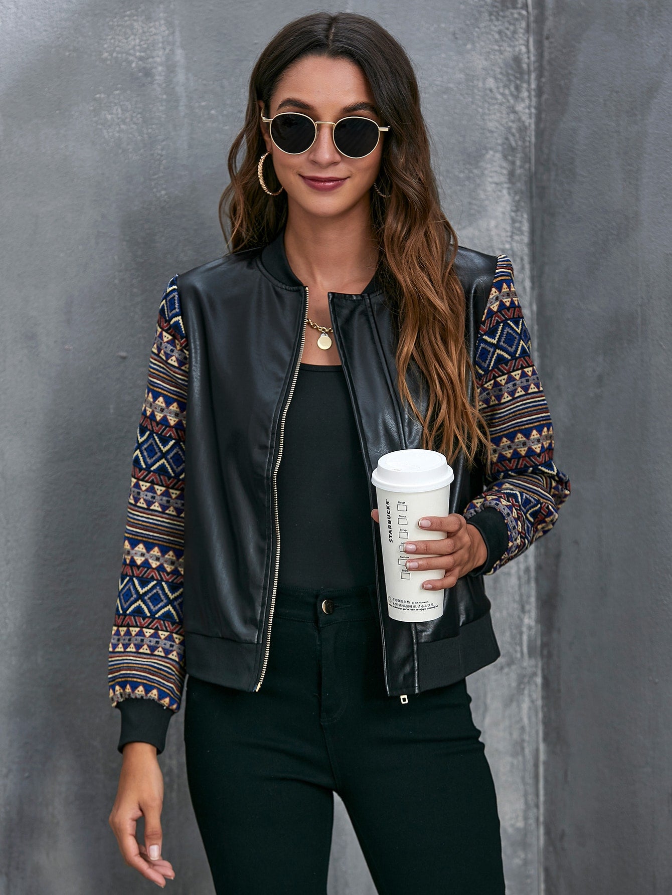 Geo Pattern Spliced PU Bomber Jacket