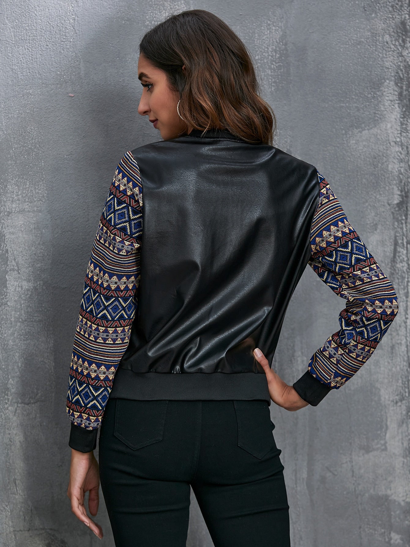 Geo Pattern Spliced PU Bomber Jacket