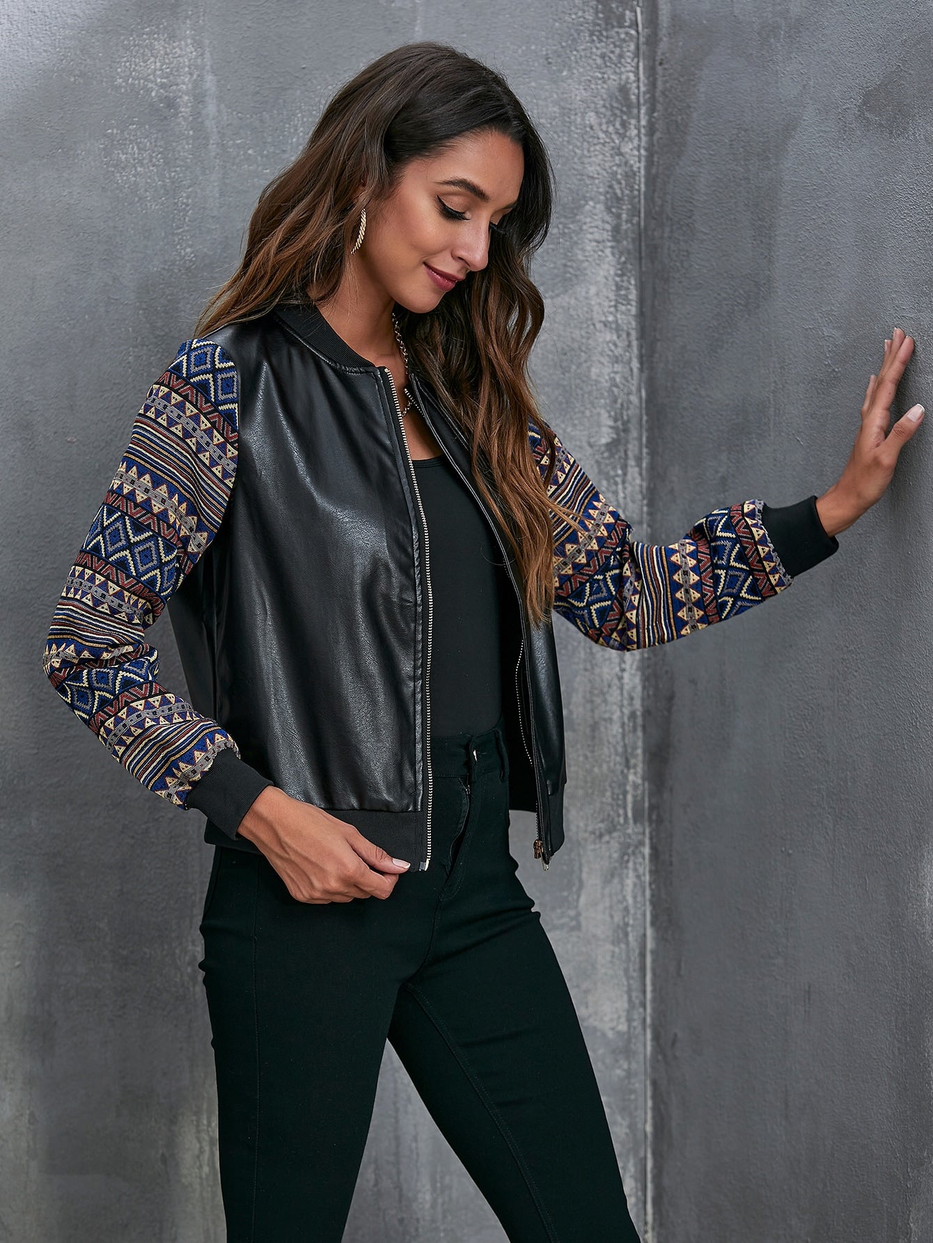 Geo Pattern Spliced PU Bomber Jacket