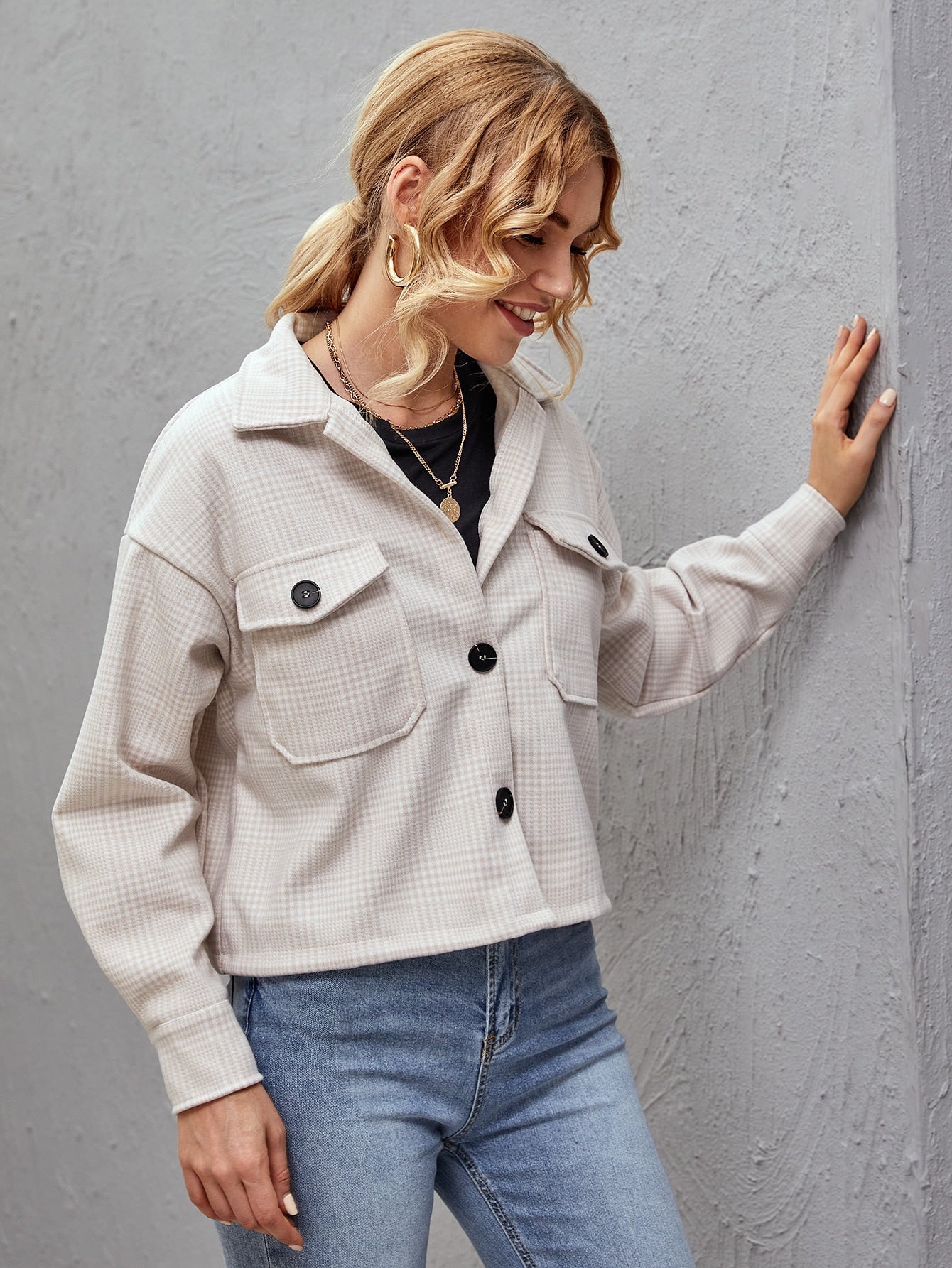 Drop Shoulder Button Front Plaid Jacket