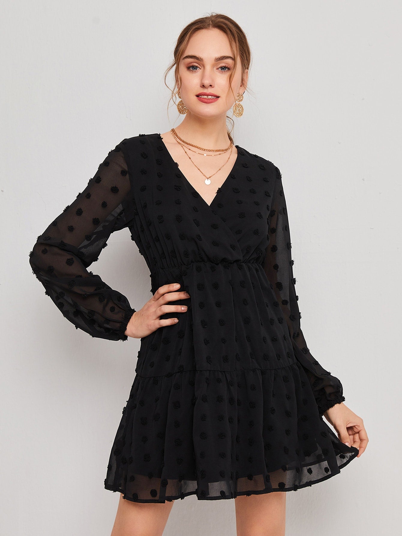 Swiss Dot Surplice Neck Ruffle Hem A-line Dress Amy's Cart Swiss Dot Surplice Neck Ruffle Hem A-line Dress Amy's Cart