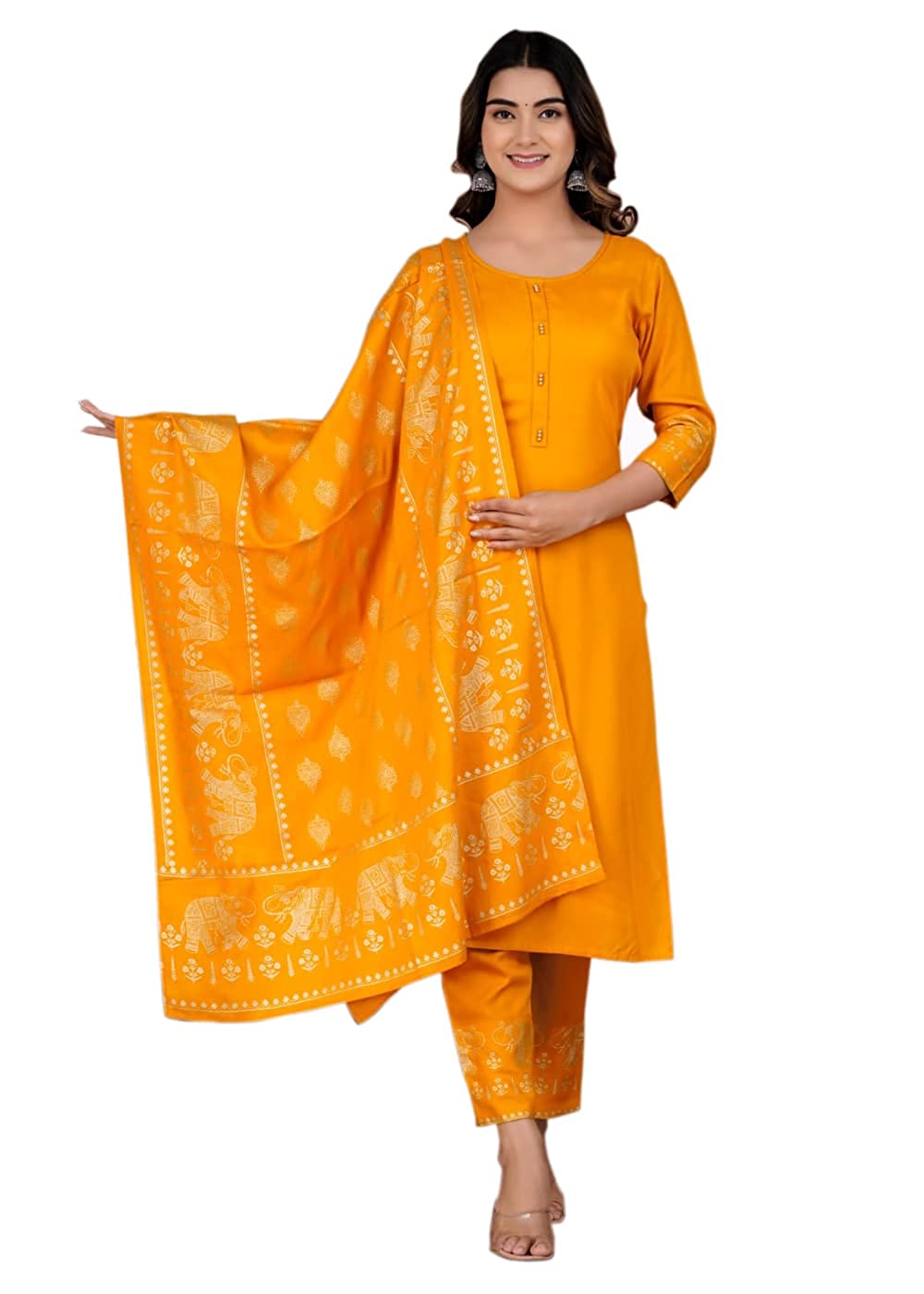 Women Printed Rayon Kurta and Pants Set with Dupatta