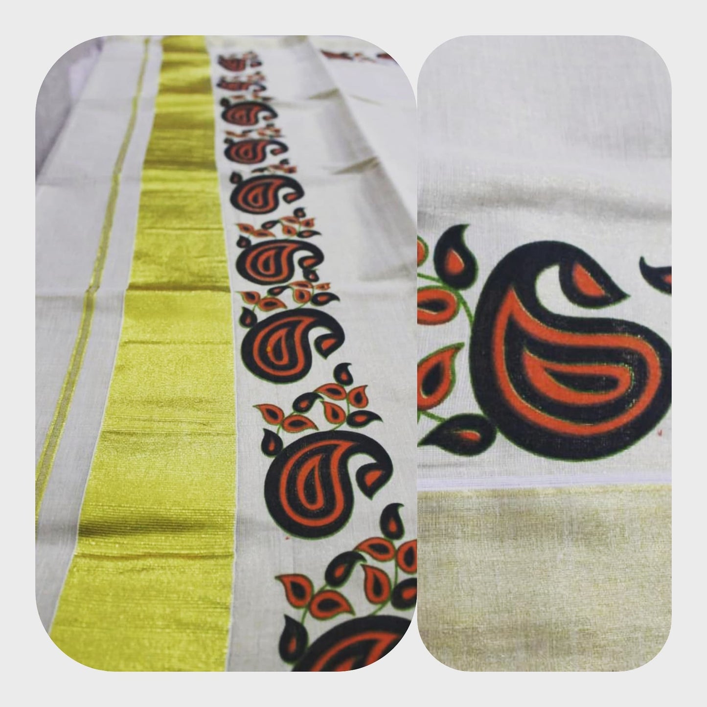Tissue Silk Kerala Kasavu Saree Mango Print. | Amy's Cart Singapore