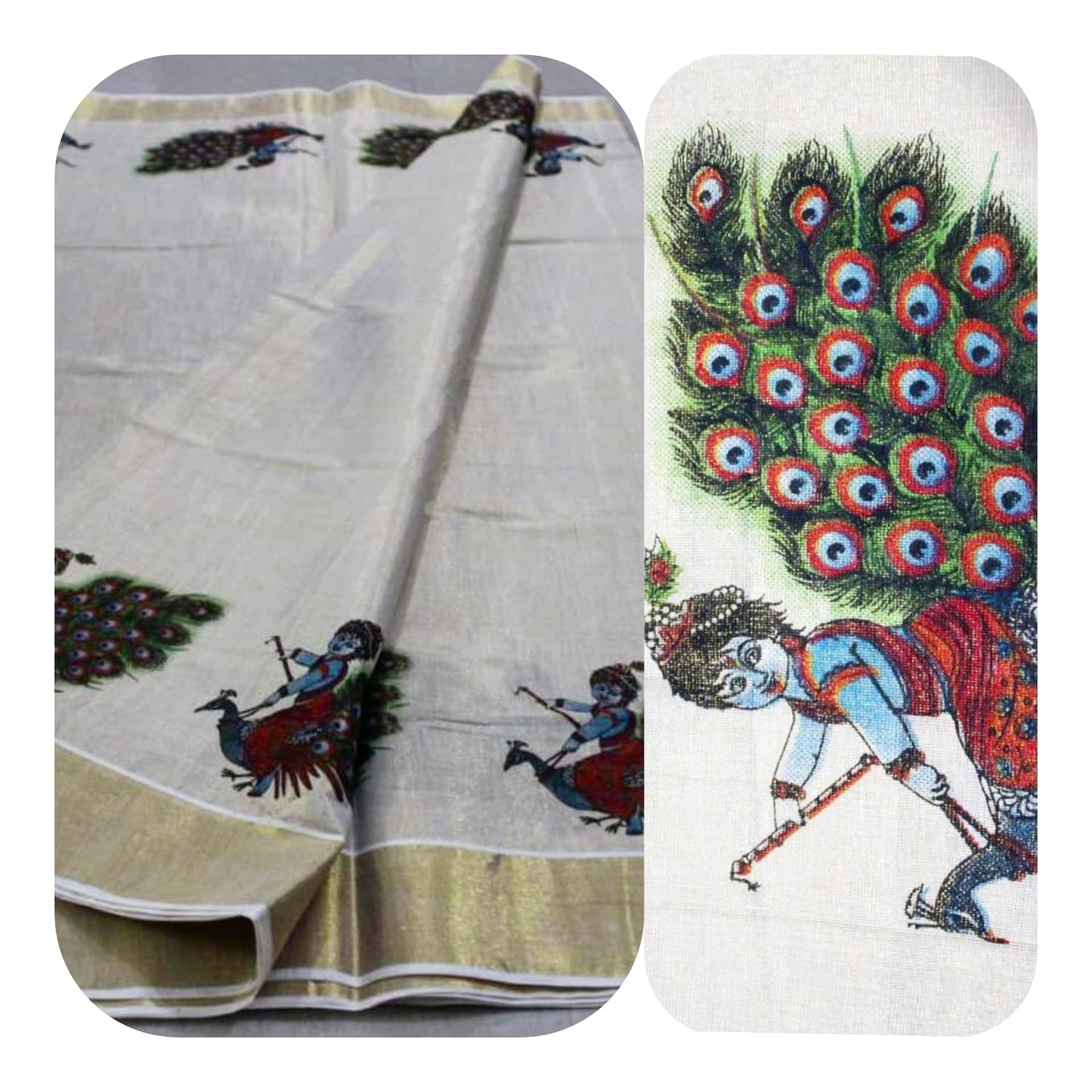 Tissue Silk Kerala Kasavu Saree Krishna on Peacock Print. | Amy's Cart Singapore