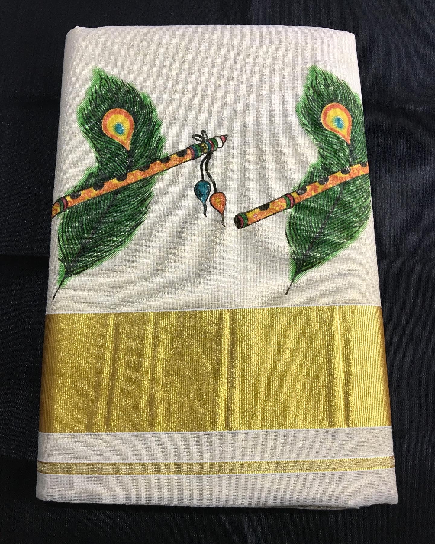 Tissue Silk Kerala Kasavu Saree Colorful Peacock Feather & Flute Print