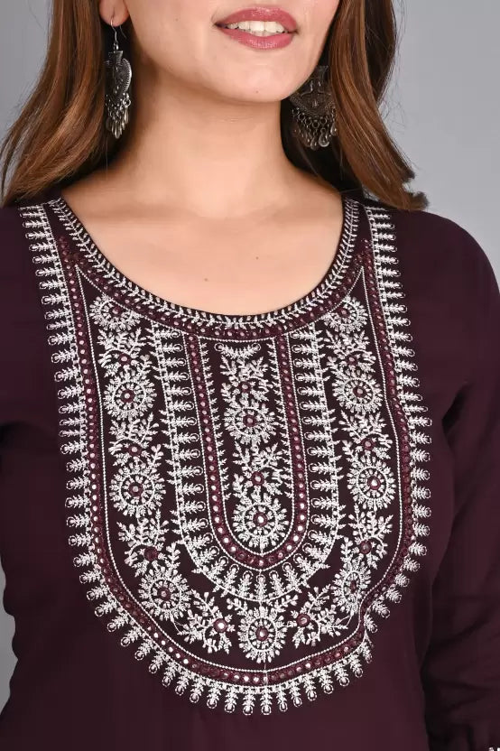 Women Wine Embroidered Kurta and Palazzo Set Viscose Rayon