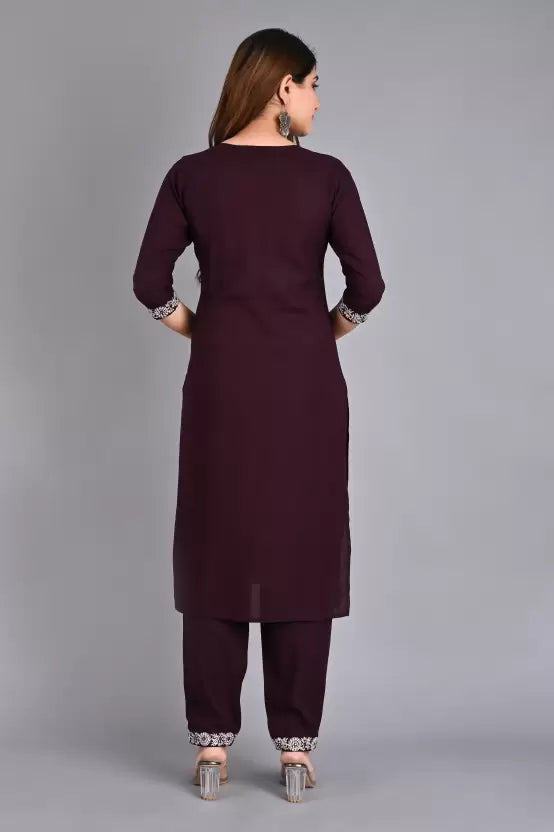 Women Wine Embroidered Kurta and Palazzo Set Viscose Rayon
