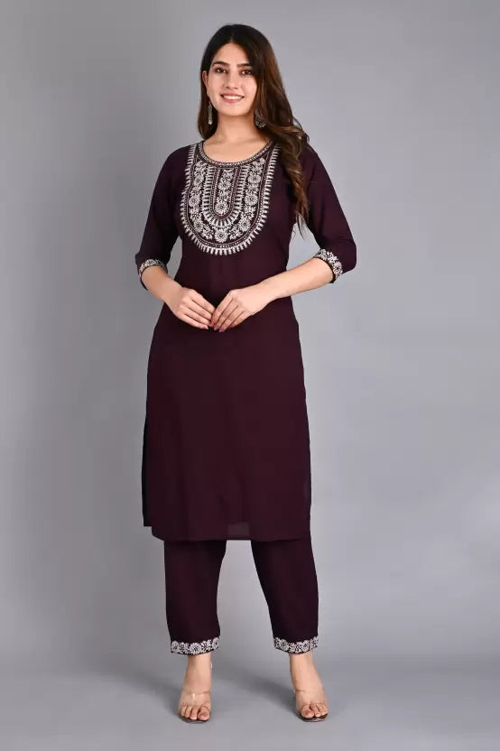 Women Wine Embroidered Kurta and Palazzo Set Viscose Rayon