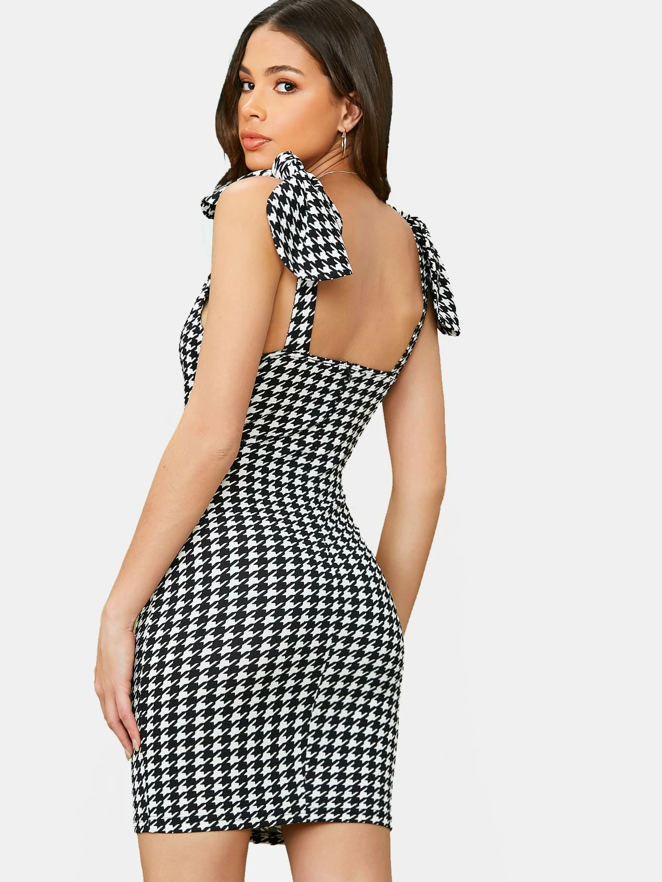 Self Tie Shoulder Houndstooth Bodycon Dress