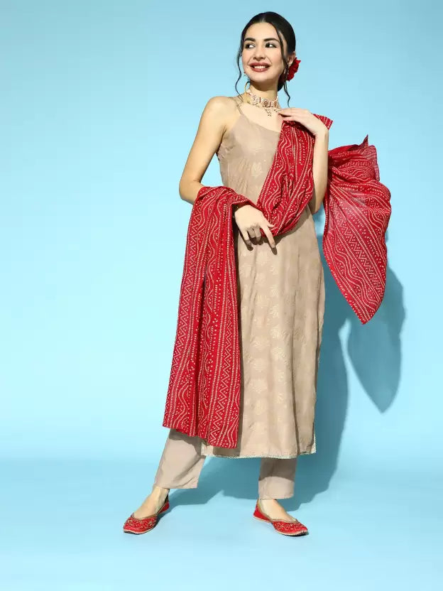 Beige Kurta set with Red Dupatta
