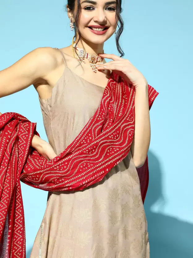 Beige Kurta set with Red Dupatta