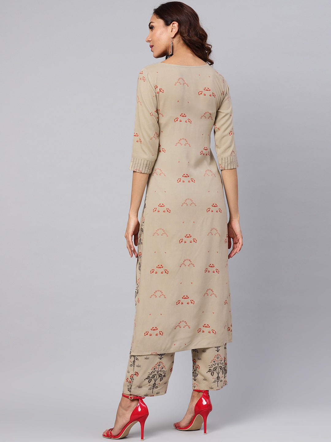 Beige & Red Printed Kurta with Palazzos