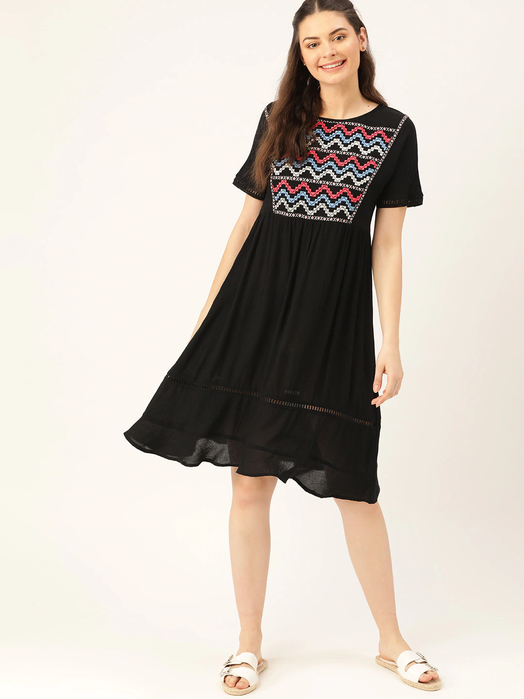 Black Embroidered Detail A-Line Dress