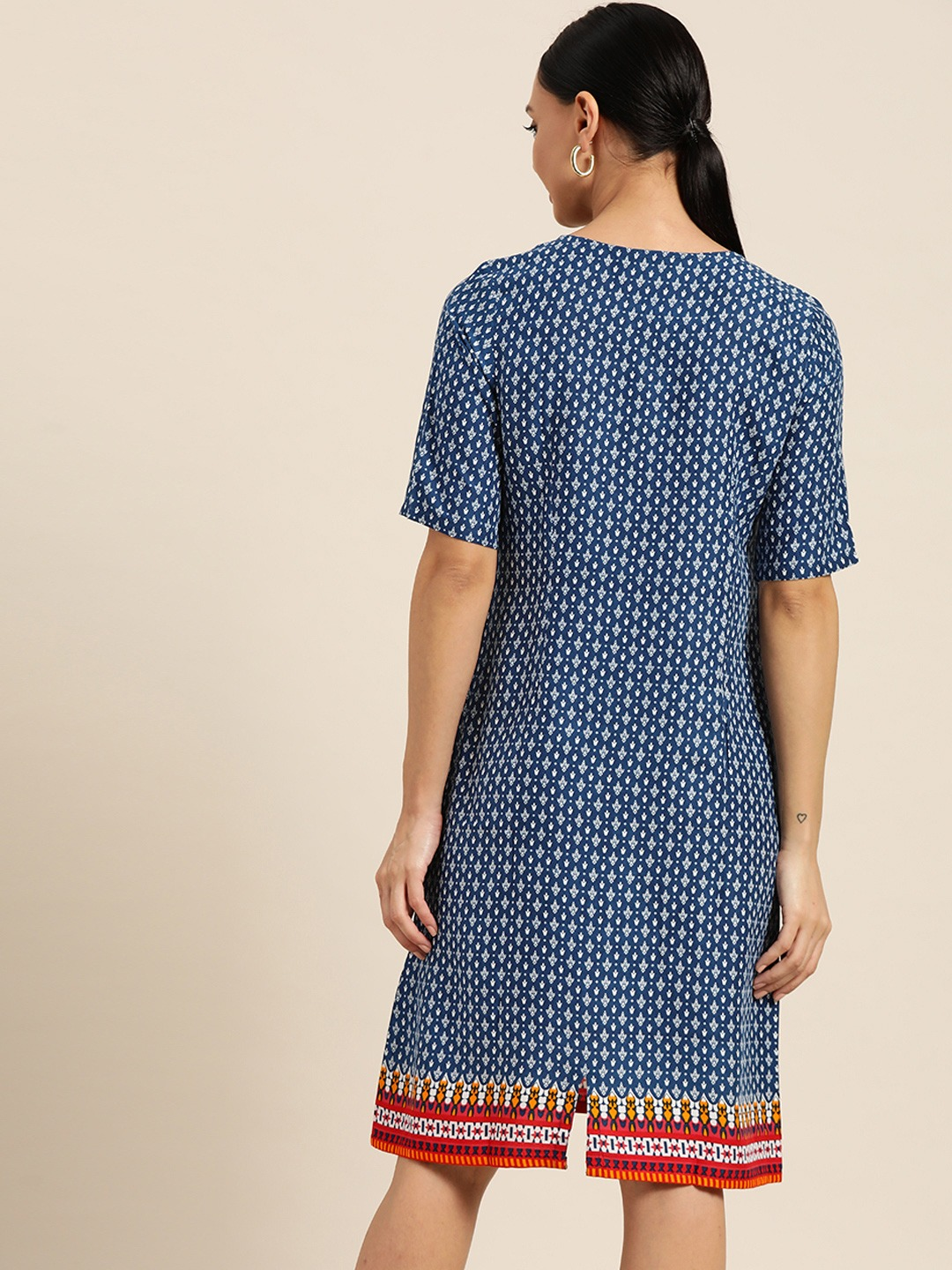 Blue & Off White Ethnic Motifs Print Dress