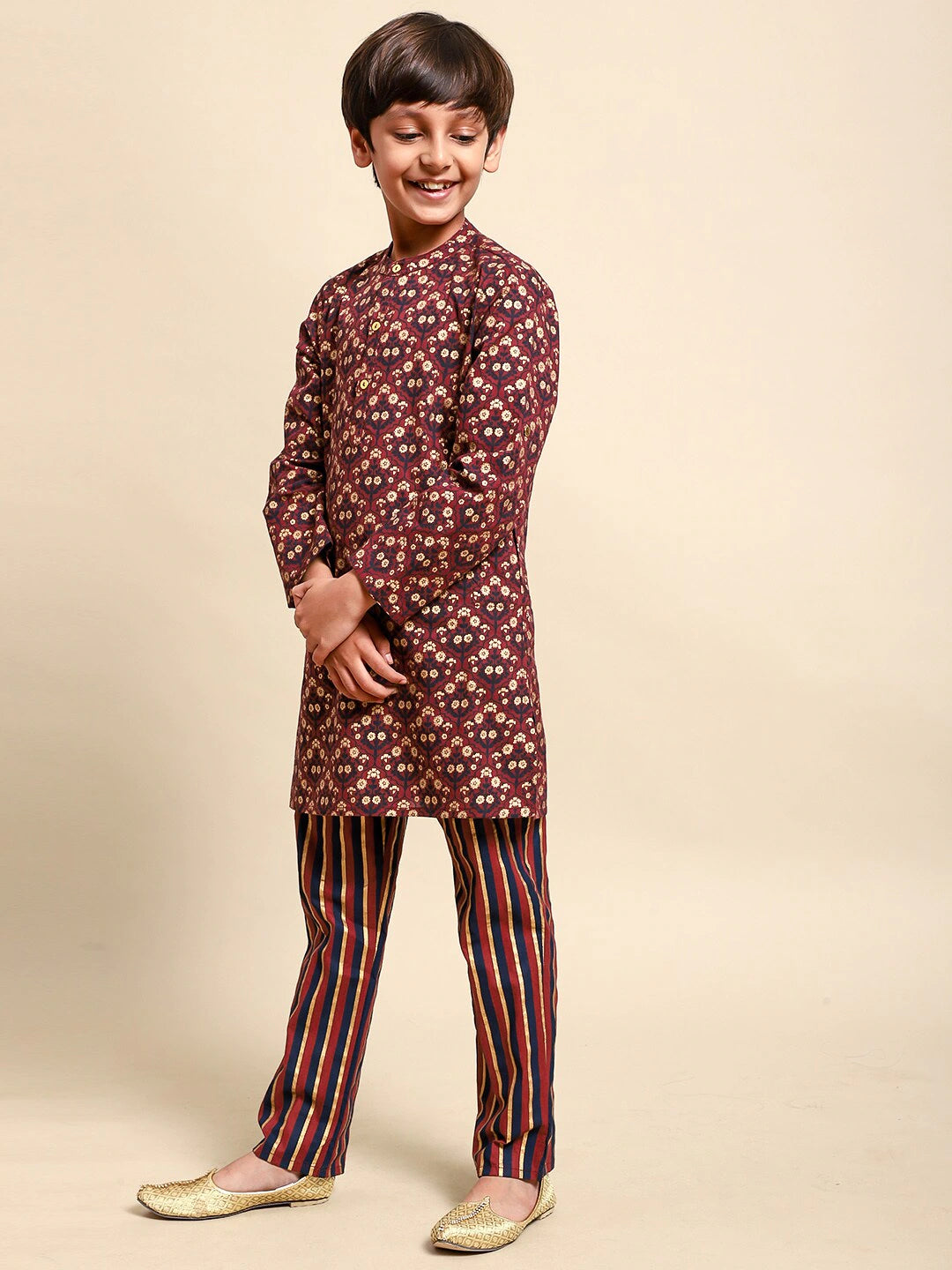 Boys Maroon Printed Pure Cotton Kurta Set