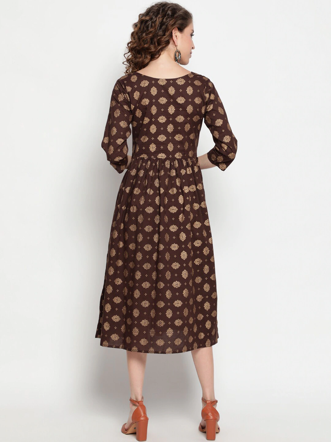 Brown Cotton Ethnic A-Line Midi Dress
