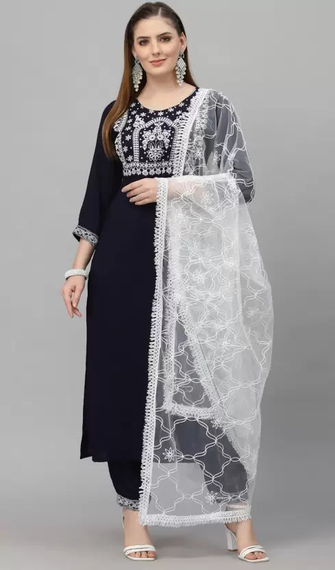 Blue Embroidered Kurta set with Lace Dupatta