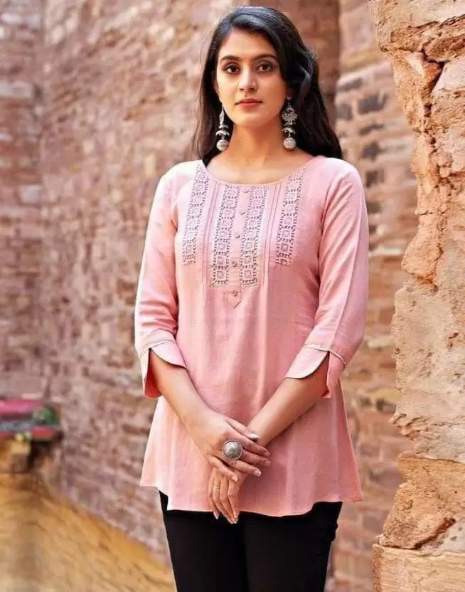 Casual Embroidered Ethnic Pink Top