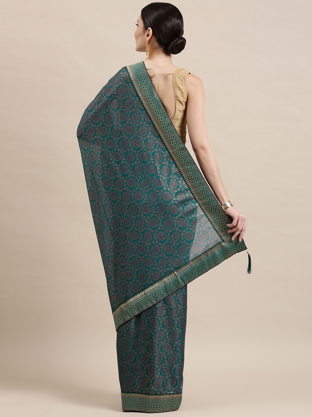 Charcoal Grey & Beige Silk Blend Saree