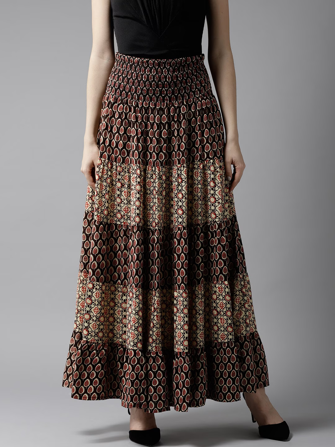 Coffee Brown & Beige Ethnic Print Maxi Tiered Skirt