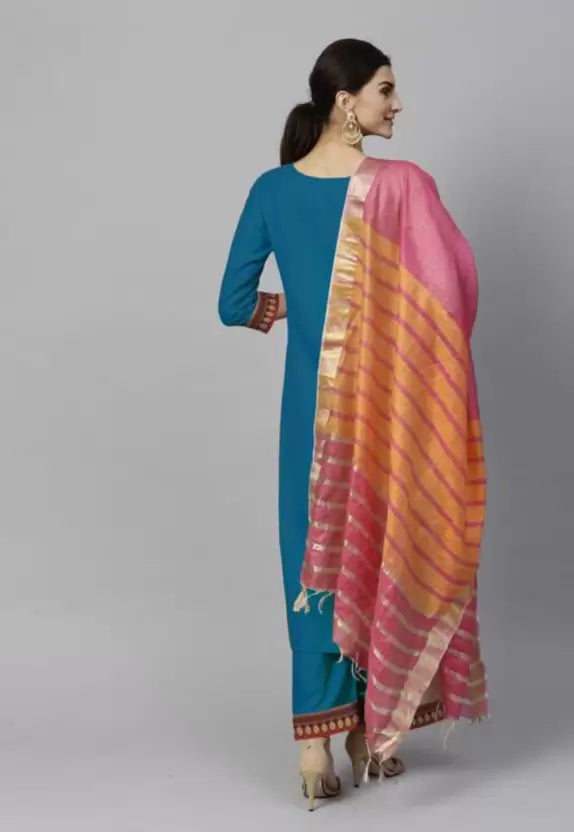 Women Blue Cotton Blend Kurta, Pant And Colorful Dupatta Set