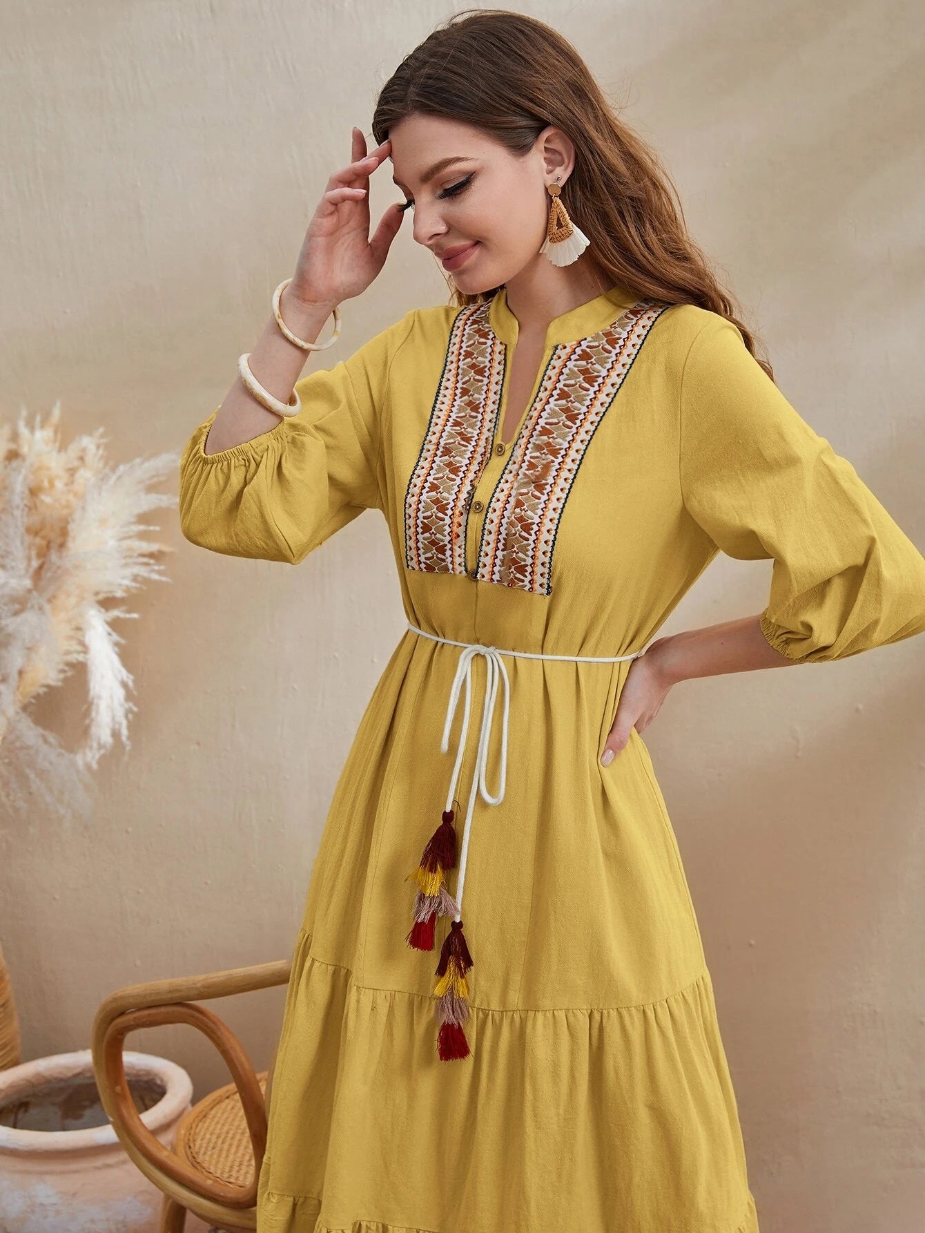 Women Lantern Sleeve Tassel Detail Ruffle Hem Belted Dress