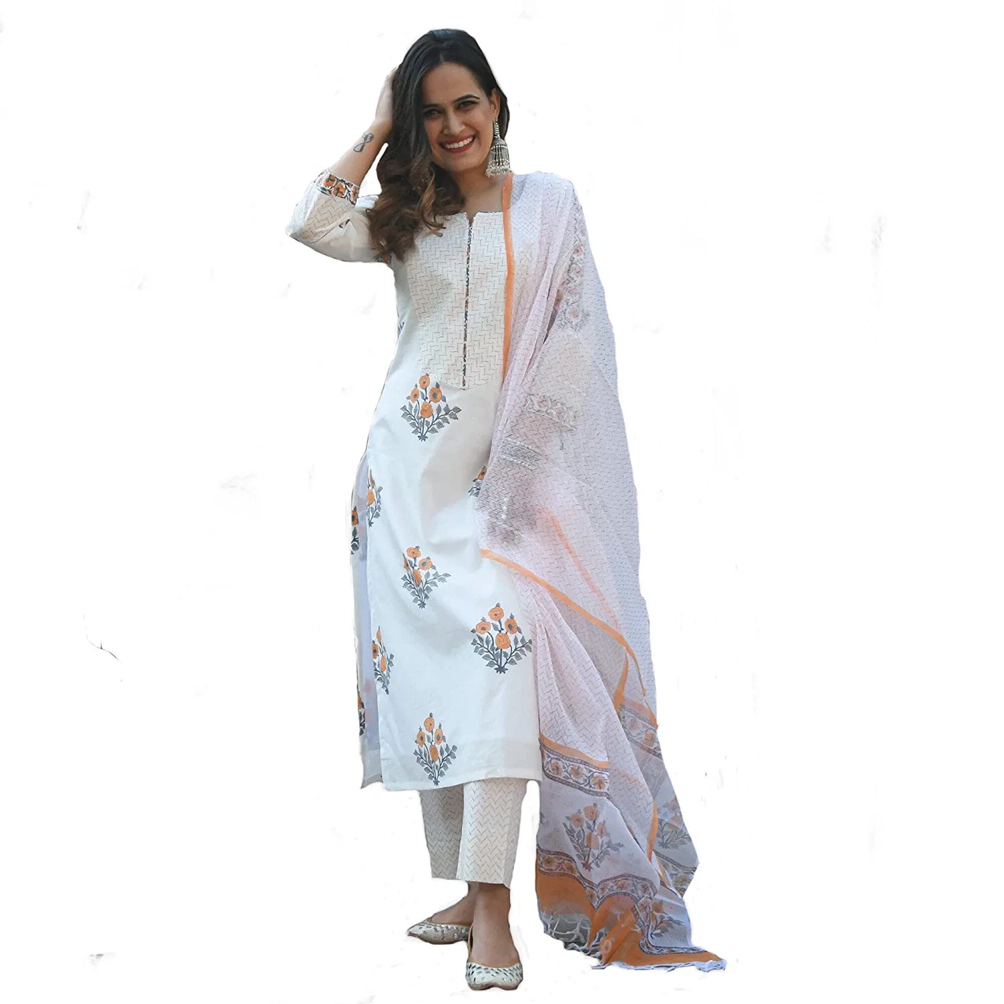Women White & Orange Viscose Kurta with Dupatta