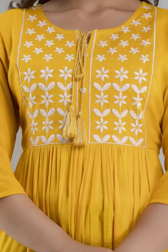 Women Viscose rayon Casual Regular Sleeves Embroidered Women Yellow Top