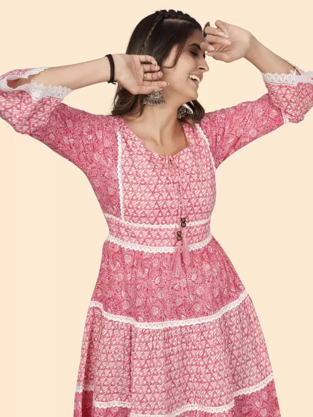 Women Pink Printed Pure Cotton Flared Dress