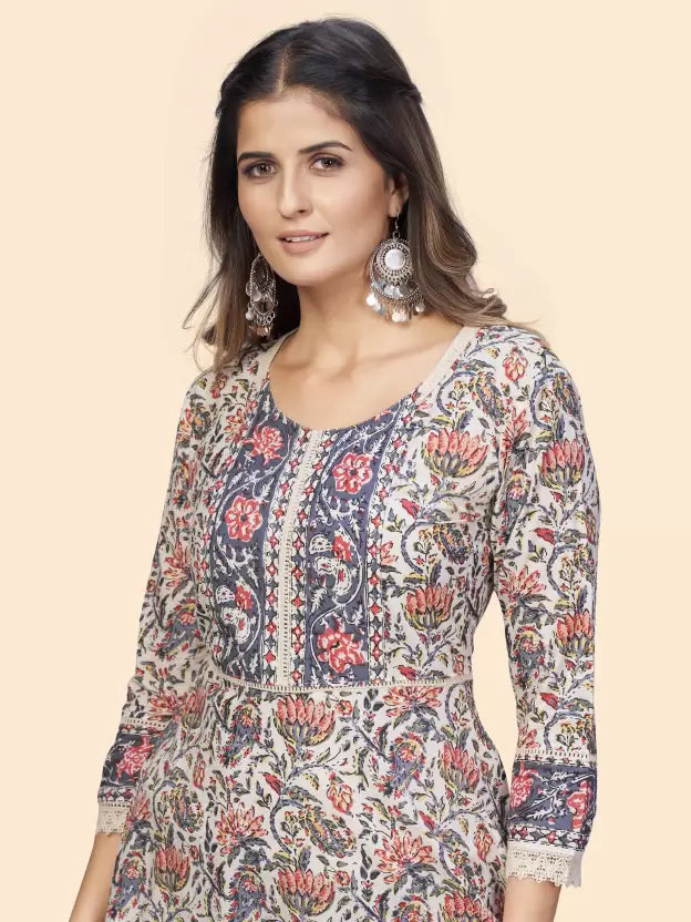 Women Beige Printed Pure Cotton Flared Dress